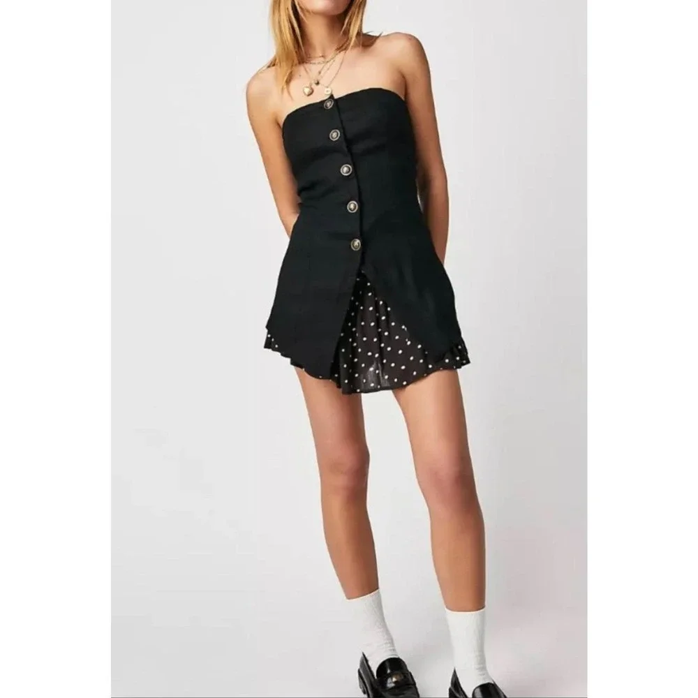 Free People‎ Corset Top Womens 8 Black Strapless Button Down Linen Blend